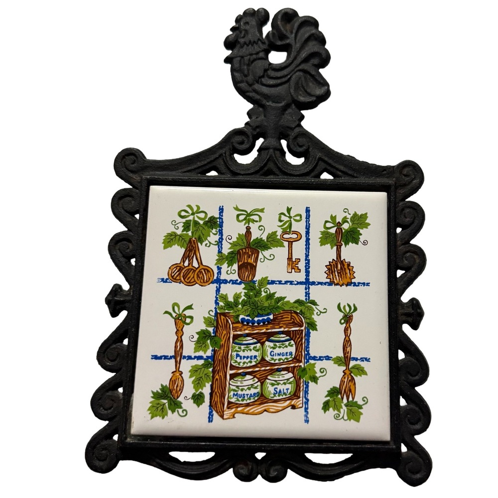 VTG Cherry MCM Ceramic Tile Cast Iron Trivet Kitchen Japan Excellent Condition!